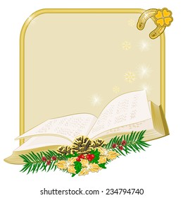Christmas decoration  frame with book  and pine cones and yew vector illustration 