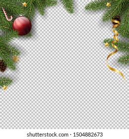 christmas decoration frame with transparent background for photo and image. pine branch ribbon candy cane star and snowflake design element for banner sale. christmas fir tree vector illustration.