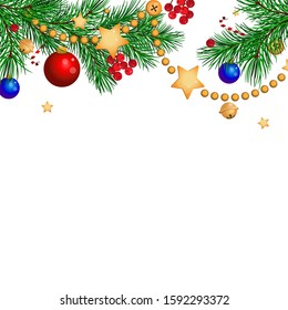 Christmas decoration, frame vector illustration. Vector Хmas card with red  balls and garlands, bells, candy canes