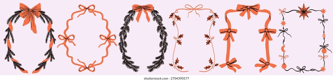 Christmas decoration frames with fir tree branches, bow and ribbons in vintage doodle style for poster, placards and party invitations. New Year celebration border or card cover designs for greetings.