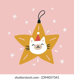 Decoración navideña con gato gracioso. Diseño de tarjeta de felicitación vectorial. Feliz año nuevo. 