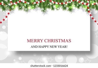 Christmas  decoration with garland fir branches and beads. New Year background. Vector illustration.