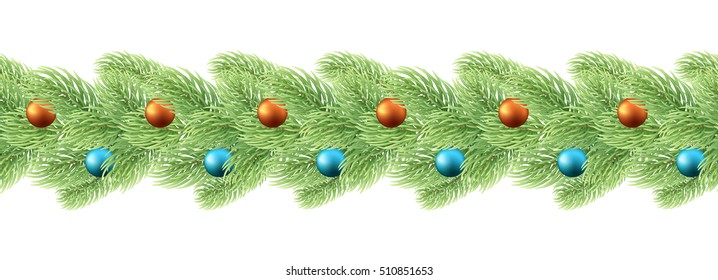 Christmas decoration garland seamless. Realistic design element garland with balls for Christmas backgrounds. Ornaments Xmas Holiday greeting card design
