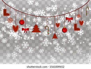 Christmas decoration. Christmas garlanda on transparent background with falling snow. Garlands with balls.