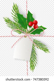 Christmas Decoration Gift Bow on Transparent Background. Festive Template with Holly for Greeting Card, Postcard and Flyers. Vector Illustration for Happy New Year.