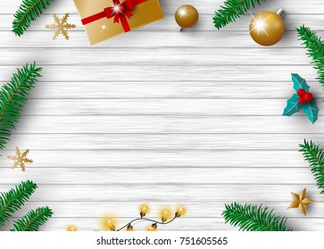 Christmas decoration of gift box pine leaves ball and light bulb with copy space vector illustration