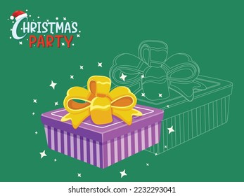 Christmas decoration Gift with Christmas Party text effects. Christmas gift, ribbon, happy new year, happy birthday. Vector illustration. Hand drawn vector