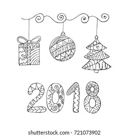  Christmas decoration- gift, tree and ball with figure 2018. Hand drawn illustration. Zentangle style. 