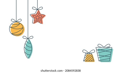 Christmas decoration and gifts in line art style with color spot. New Year and Christmas banner design with copy space. Stock vector illustration. 