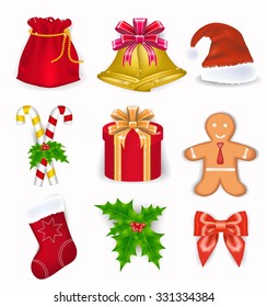 Christmas decoration, gold bells, candy cane with bows and holly
