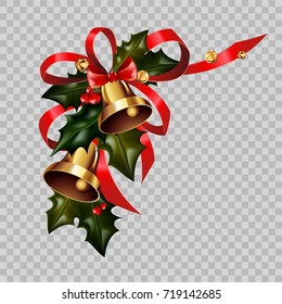 Christmas decoration gold bells on holly wreath bow vector isolated transparent background