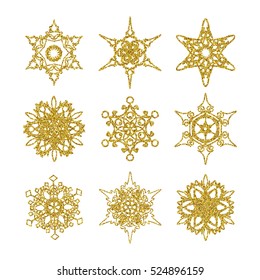 Christmas Decoration Of Gold Glitter Snowflakes Icons.  