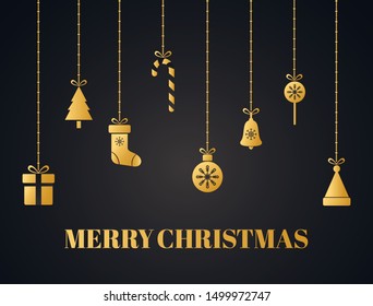 Christmas decoration. Gold ornaments isolated on dark background. Bright hanging christmas toys, tree, gift boxes, snowflakes, xmas balls, santa hat, bell, ribbon, candies. Vector illustration.