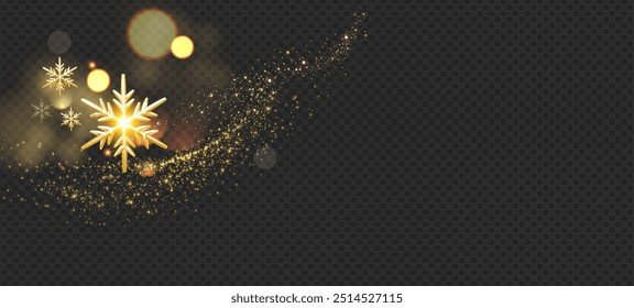 Christmas decoration with gold snowflakes and bokeh light effect. Holiday design. New Year transparent background