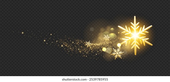 Decoração de Natal com flocos de neve de ouro e efeito de luz bokeh. Design de férias. Fundo transparente de Ano Novo