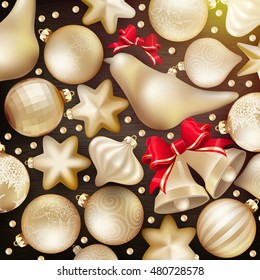 Christmas decoration. Golden baubles, balls, stars. Seasonal card concept. EPS 10 vector file included