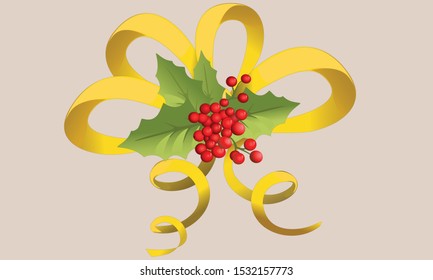Christmas decoration, golden bells with bow, golden ribbon and Holly berries on white background, vector