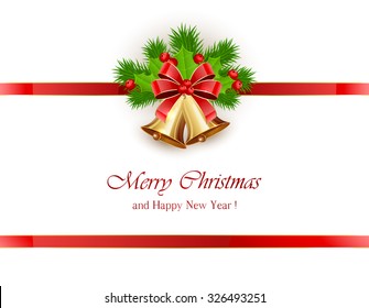 Christmas decoration, golden bells with bow, red ribbon and Holly berries on white background, illustration.