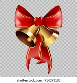 Christmas decoration golden bells on red ribbon bow element vector transparent background