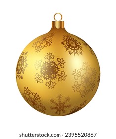 Christmas decoration golden glass ball with snowflakes ornate. Festive design element for the winter holidays, events, discounts, and sales. Vector illustration.