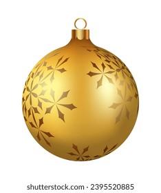 Christmas decoration golden glass ball with snowflakes ornate. Festive design element for the winter holidays, events, discounts, and sales. Vector illustration.