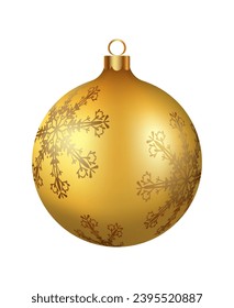 Christmas decoration golden glass ball with snowflakes ornate. Festive design element for the winter holidays, events, discounts, and sales. Vector illustration.