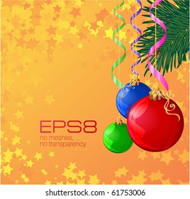 Christmas decoration with golden stars and bright balloons. Vector.