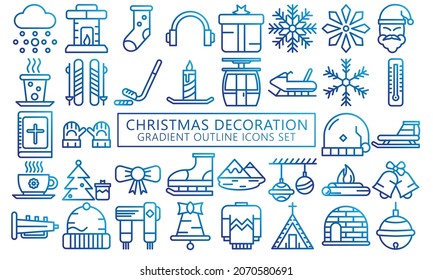 Christmas decoration gradient outline icons set. Winter holiday collection, snow, gloves, sled, bible and others. symbols for mobile apps, UI or UX kit and applications, EPS 10 ready convert to SVG svg