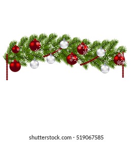 Christmas decoration. Green branches of a Christmas tree with red and silver balls and snowflakes on a white background. New Year decoration. Vector illustration