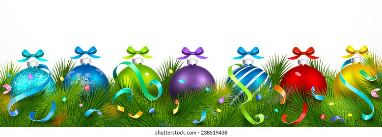 Christmas decoration with green fir branches on a light background. Vector Illustration