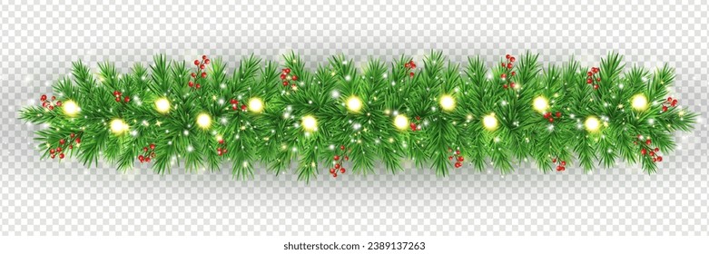 Christmas decoration with green fir branches. Holiday garland. Xmas tree with glitter light, golden stars and red berries. Evergreen plant frame. Winter background. New Year card. Vector illustration.