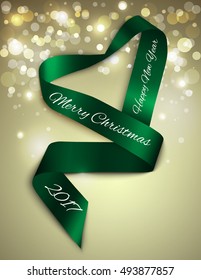 Christmas decoration of green satin ribbon and glitter background