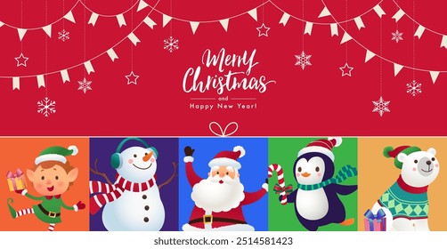 Cartão de Natal decoração com bonito Papai Noel, elfo, boneco de neve, pinguim, urso polar no fundo vermelho. Feliz Natal e feliz banner de ano novo. Ilustração vetorial