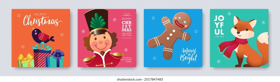 Christmas decoration greeting card set with typography, and cute hand drawn festive Christmas gift, nutcracker, gingerbread cookie, little fox. Merry Christmas and Happy New Year vertical backgrounds