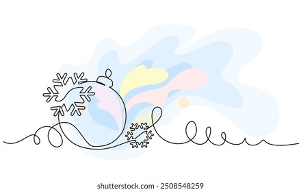 Decoración de la Navidad para la tarjeta de felicitación. Copo de nieve y bola de Navidad para el concepto de vacaciones de Navidad de invierno en estilo lineal simple. Dibujo continuo de una línea. Ilustración vectorial de contorno Doodle