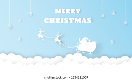 Christmas decoration greeting card template. Merry Christmas with santa claus riding sledge. paper cut. vector illustration.
