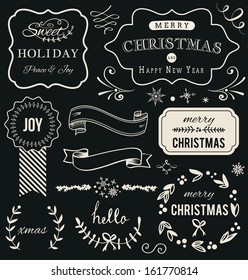 Christmas decoration Hand Drawn Vector collection. Set of calligraphic and typographic elements, frames, vintage labels, ribbon.