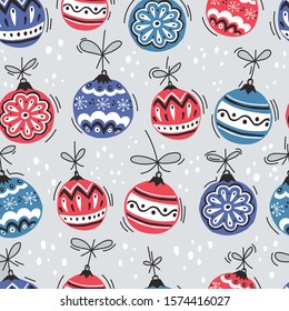 Christmas decoration handdrawn seamless vector pattern. Xmas sketch texture. Winter holiday New Year illustration. For fabric textile, wrapping paper, background design, greeting cards.