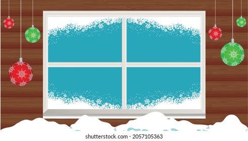 Christmas decoration hanging over window frame against wooden background. christmas festivity and celebration vector illustration concept