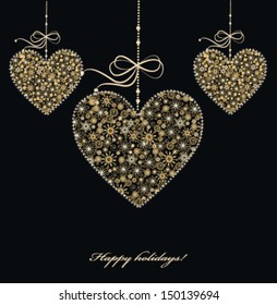 Christmas decoration with  hearts from golden snowflakes. Vector