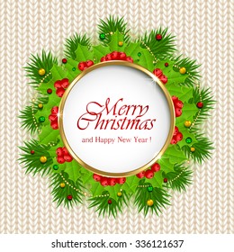 Christmas decoration with holly berry, beads and fir tree branches on white knitted pattern, illustration.