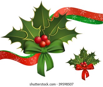 Christmas decoration with holly branches and ribbon