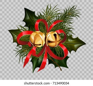 Christmas decoration holly fir wreath bow golden bells element vector transparent background