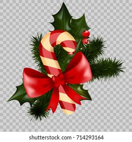 Christmas decoration holly fir wreath bow candy cane element vector transparent background