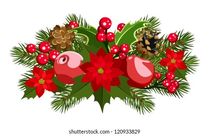 Christmas decoration with holly, fir-tree, cones, poinsettia and apples. Vector illustration.