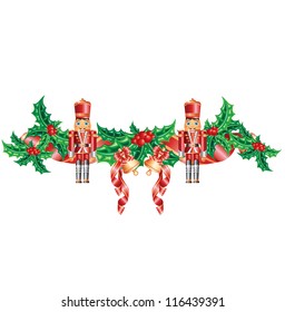 christmas decoration with holly and nutcracker