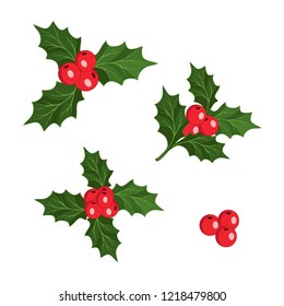 Christmas decoration. Holly, red berries, Christmas trinket. Vector icon set