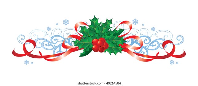 Christmas decoration with holly and ribbons / vector