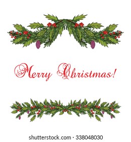 Christmas decoration with holly and spruce tree. Vector illustration