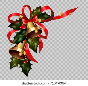 Christmas decoration holly wreath bow gold bells element vector isolated transparent background